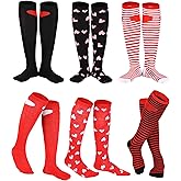 Geyoga 6 Pairs Valentine's Day Knee High Socks Women's Heart Love Knee Thigh High Socks Casual Red Striped Cotton Stockings for Valentine Gifts