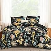Luxudecor Queen Comforter Set 7 Pieces Bedding Sets, Black Floral Comforter and Sheet Set, Soft Microfiber Bed in a Bag for All Seasons (Black,90"x90")