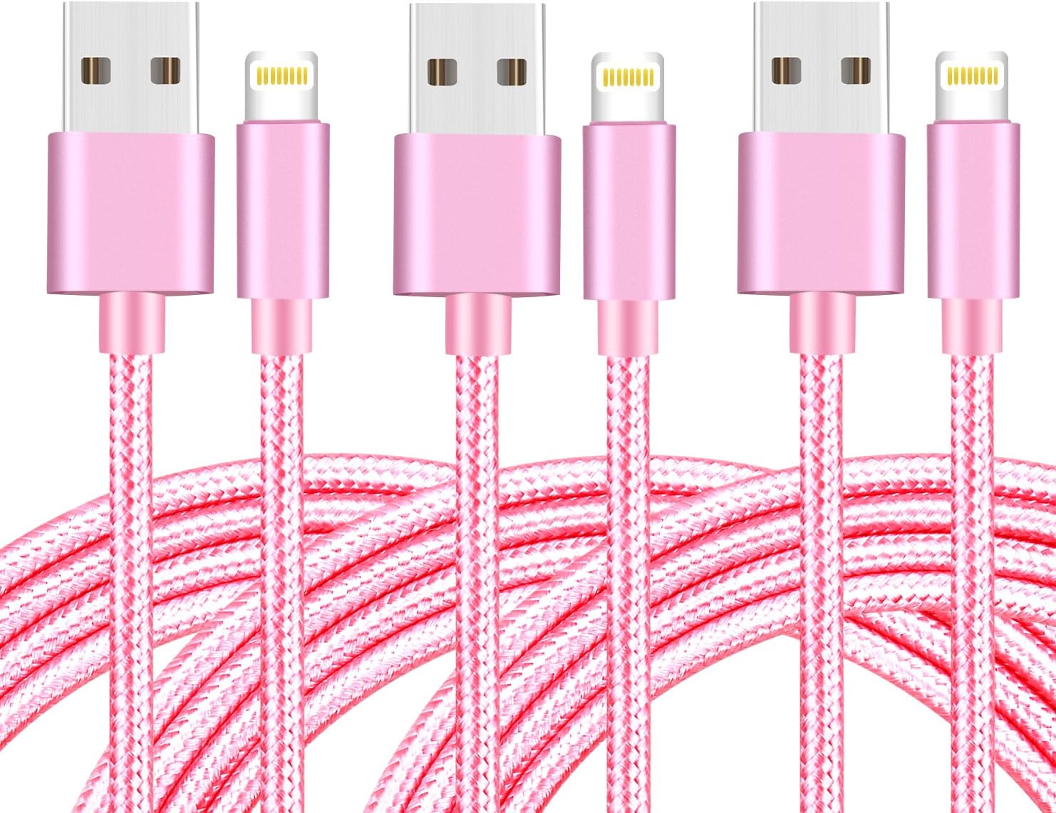 Qipima Phone Charger,Nylon Braided Charging 3PACK 3FT 6FT 10FT Cable Cord Lightning to USB Cable Charger Compatible iPhone X/8/7/6s/6/Plus/5 se,iPod, iPad More (Rose gold)