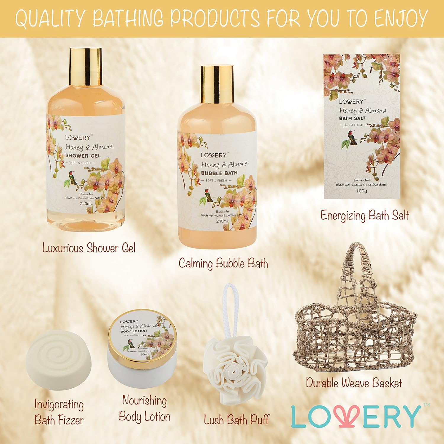 Home Spa Gift Basket - Honey & Almond Scent - Luxury Bath & Body Set For Women and Men - Contains Shower Gel, Bubble Bath, Body Lotion, Bath Salt, Bath Bomb, Bath Puff & Handmade Weaved Basket : Beauty