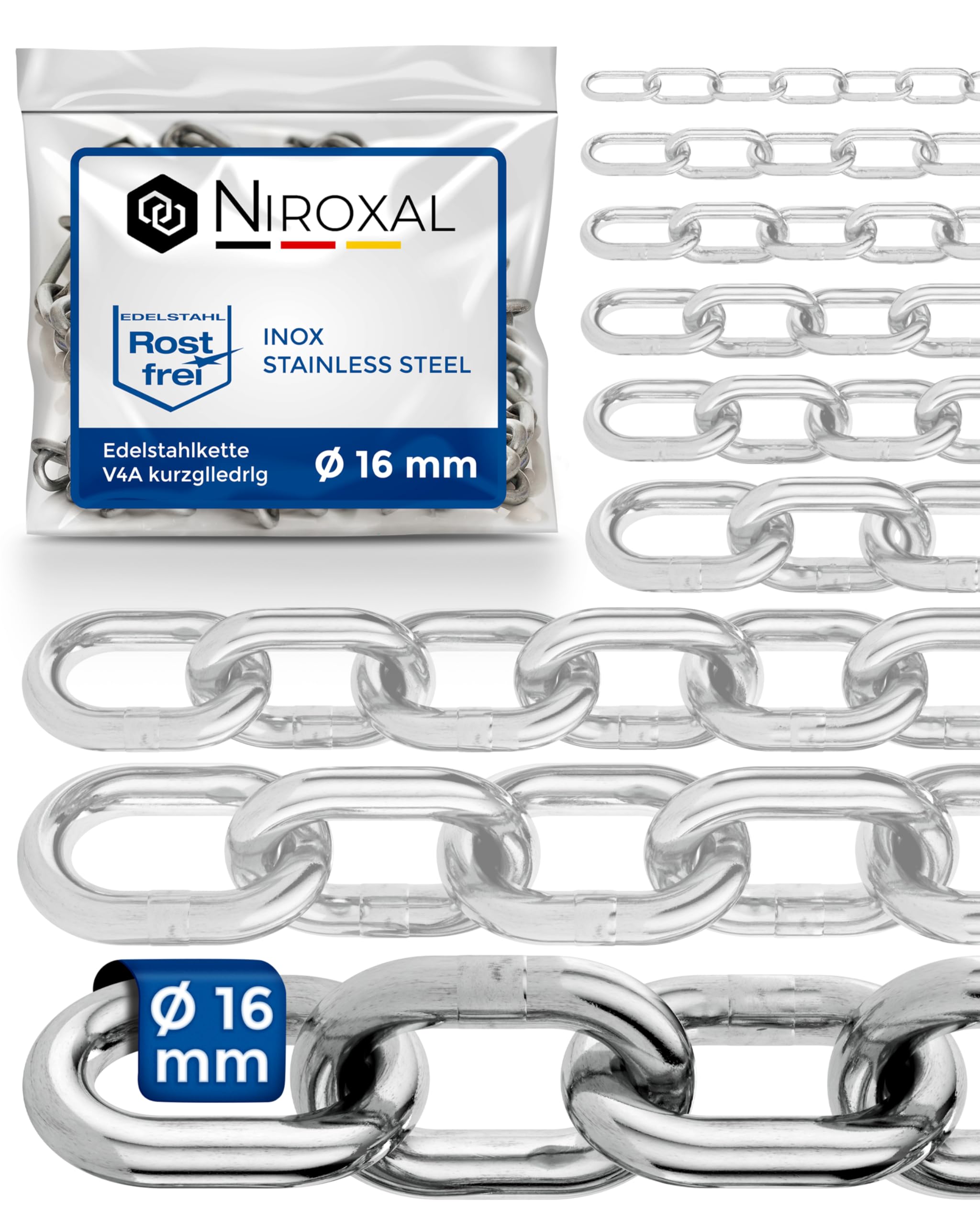 Stainless Steel Chain Short Link 316 Marine Grade A4 DIN 766 DIN 5685 16 mm 0.25 m Heavy Duty Round Link Chain Rust Resistant Outdoor Chain NietFullThings