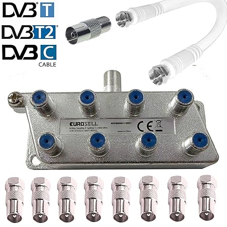 TronicXL 8fach IEC Verteiler Antennenverteiler TV Kabel Adapter Kabelfernsehen 8er zb für DVBC zb für Unitymedia Vodafone Net