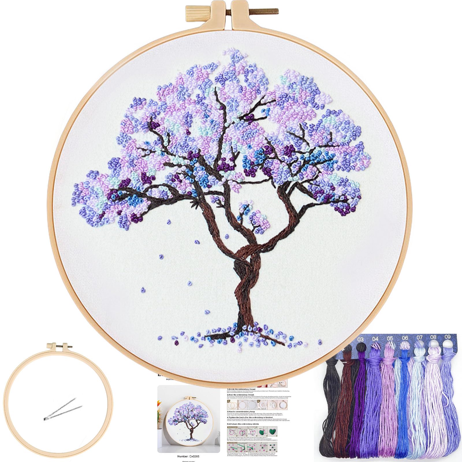 Photo 1 of FONNUY Crewel Embroidery Kit for Beginners, Seasonal Tree Pre-Stamped Pattern Kits for Adults with Hoop, Easy to Follow Color Thread Needlework, 8'' (Purple)