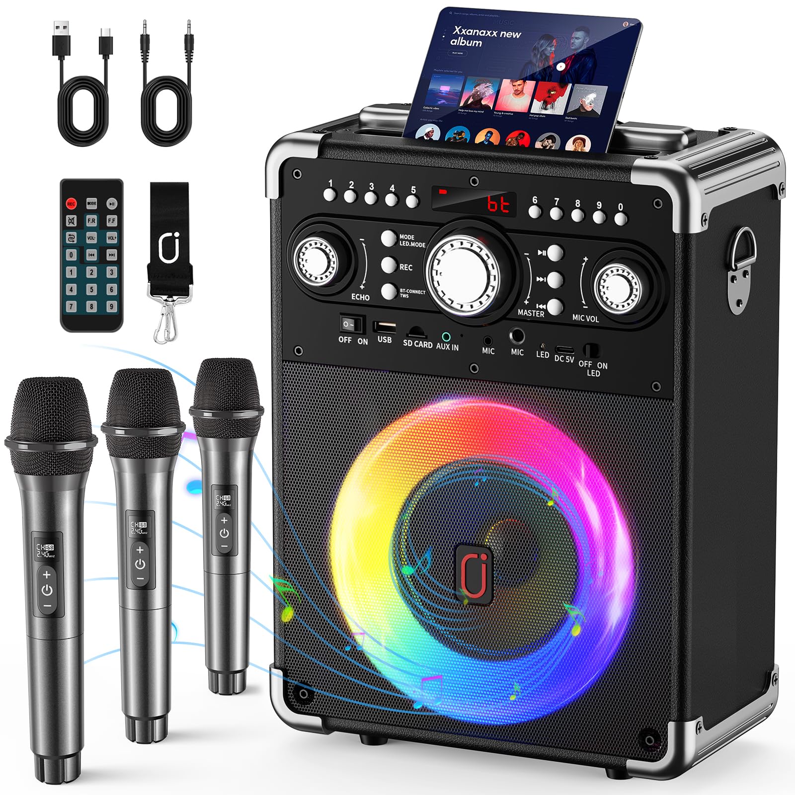 Photo 1 of HWWR Karaoke Machine, Portable Bluetooth 5.3 Speaker with 3 Wireless Microphones for Adults, PA System with Echo Adjustment, Support TWS/TF Card/USB/AUX/TVs Connected for Home Party/Outdoor/Events etc