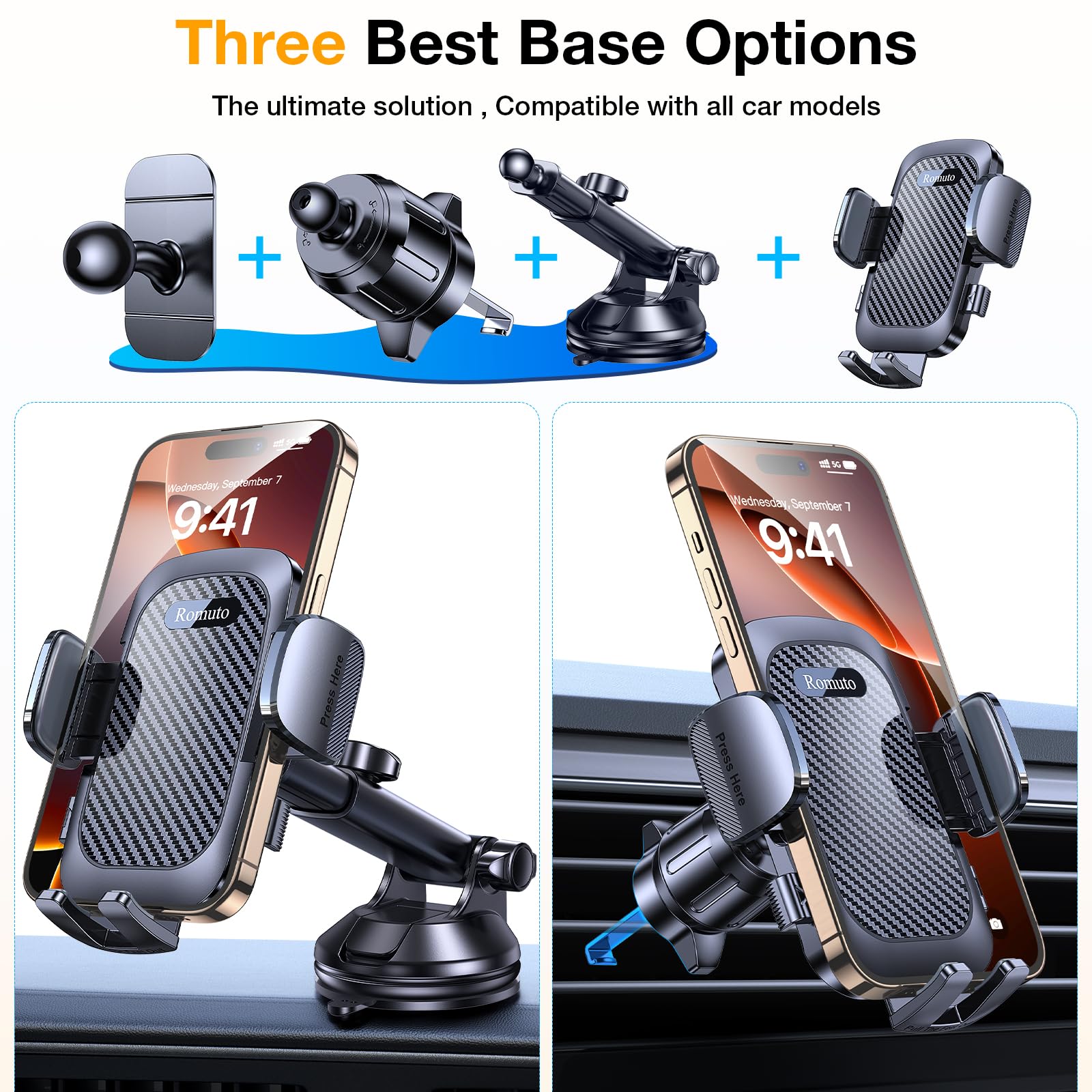 Romuto Phone Holders for Your Car Phone Holder Mount【Super Suction】Cell Phone Mount for Car Accessories for Women Men Dashboard/Windshield/Vent Truck Stand Wall Mounts for iPhone 17 Pro Max 16 Samsung