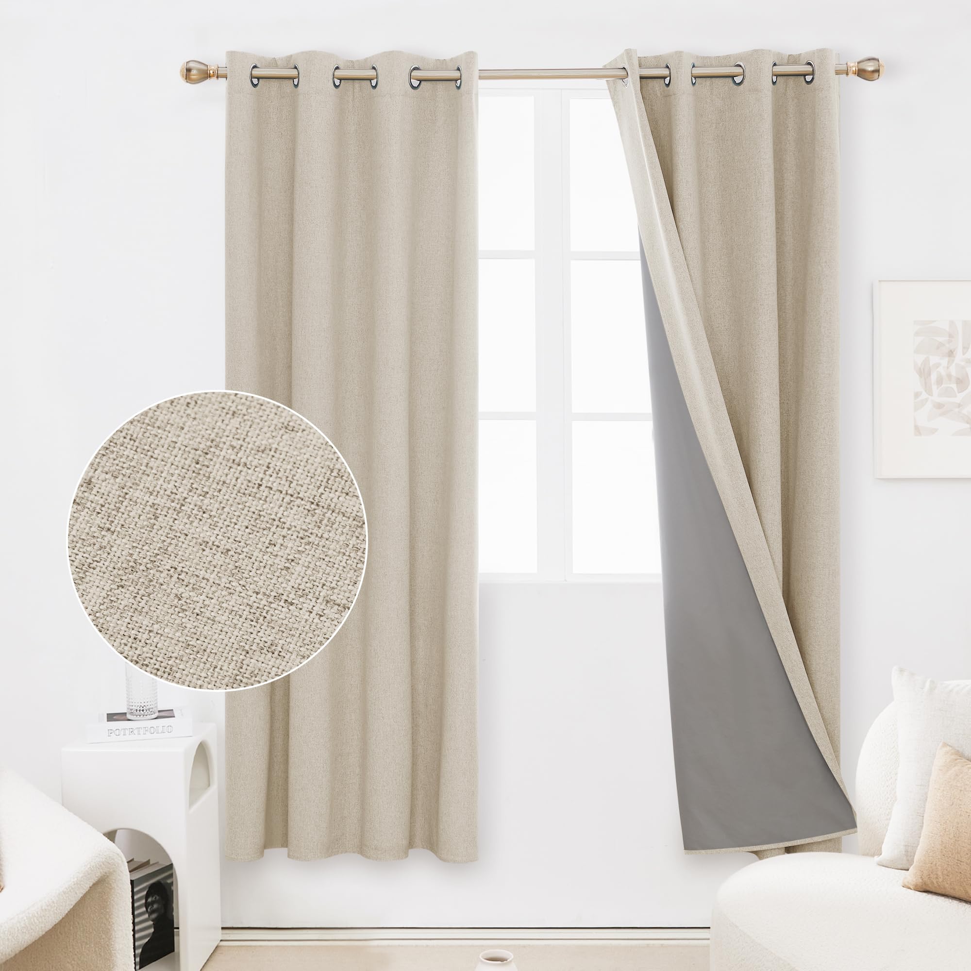 Deconovo Full Blackout Curtains Bedroom Thermal Insulated Energy Efficiency Eyelet Blackout Curtains with Coating Back Layer 52 x 72 Inch Light Linen 1 Pair
