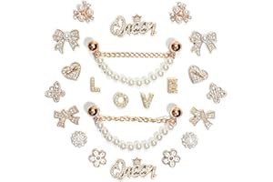 Eooberr 22Pcs Bling Rhinestones Pearls Shoe Charms with 2 Sparkling Shoe Chains, LOVE Queen Letter, Shoe Decorations Charms for Clog Sandals Women Girls Party DIY