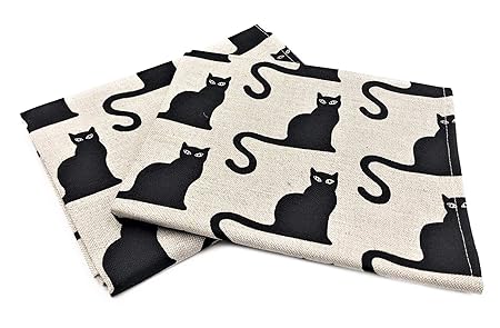 Jowollina 2er-Set: Geschirrtücher Küchenhandtücher Handtücher Katze schwarz 47x70 cm Leinenmischung