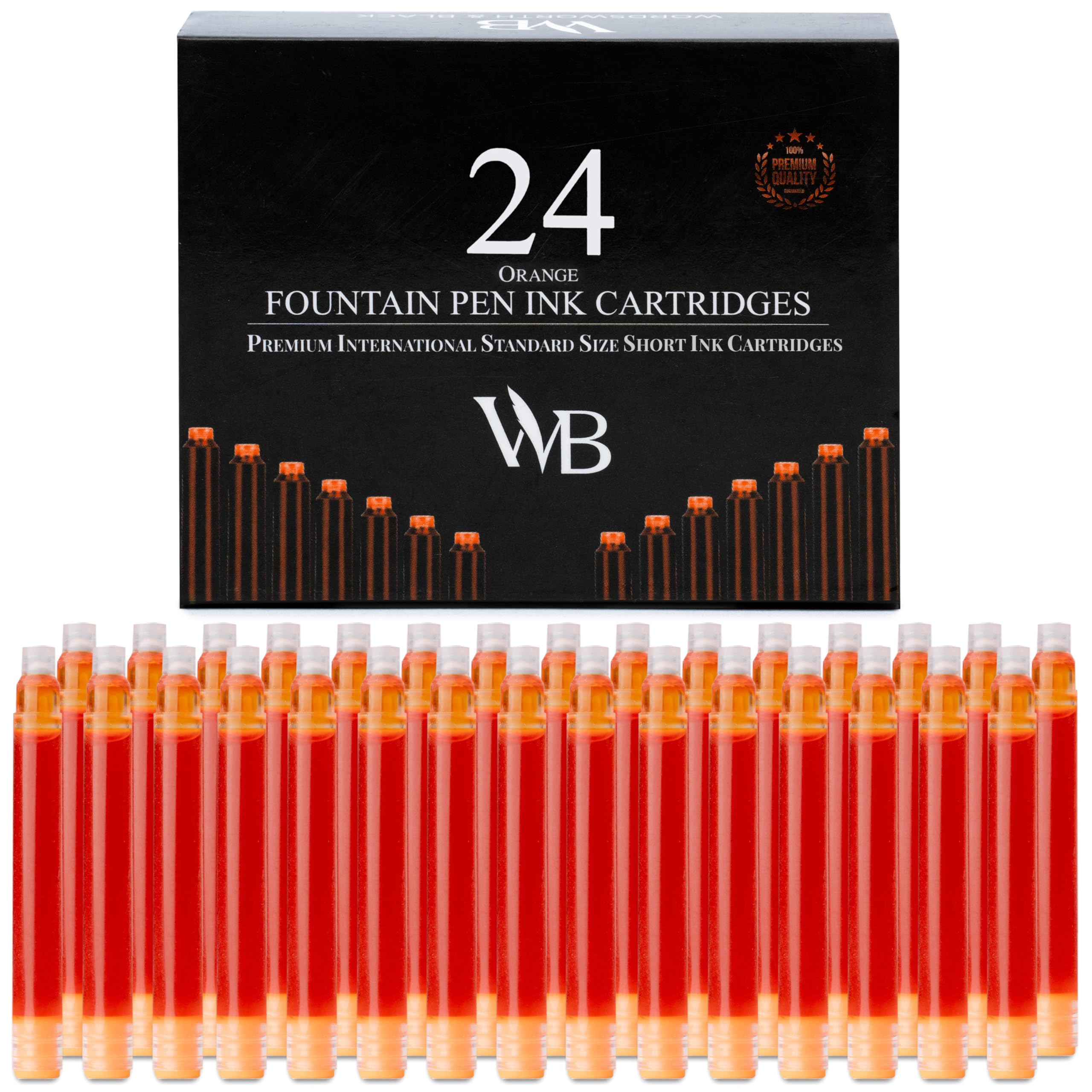 Wordsworth & Black 24 Pack Fountain Pen Ink Refills - Set of 24 Orange Ink Cartridges - International Standard Size - Length APPR 2.3" - Base Diameter APPR 0.24" - Disposable and Generic