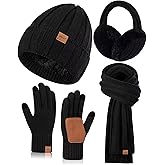 Winter Hat Gloves Scarf Earmuffs Set for Women, Fleece Lined Beanie Long Scarf Touchscreen Gloves Ear Warmer, 4 in 1 Gift Set