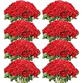 Hotop 120 Pcs Roses Artificial Flowers in Bulk,Long Stem Artificial Flower Bouquet,Silk Real Touch Fake Rose for Wedding Party Table Centerpieces Decor Valentines Gifts(Red)