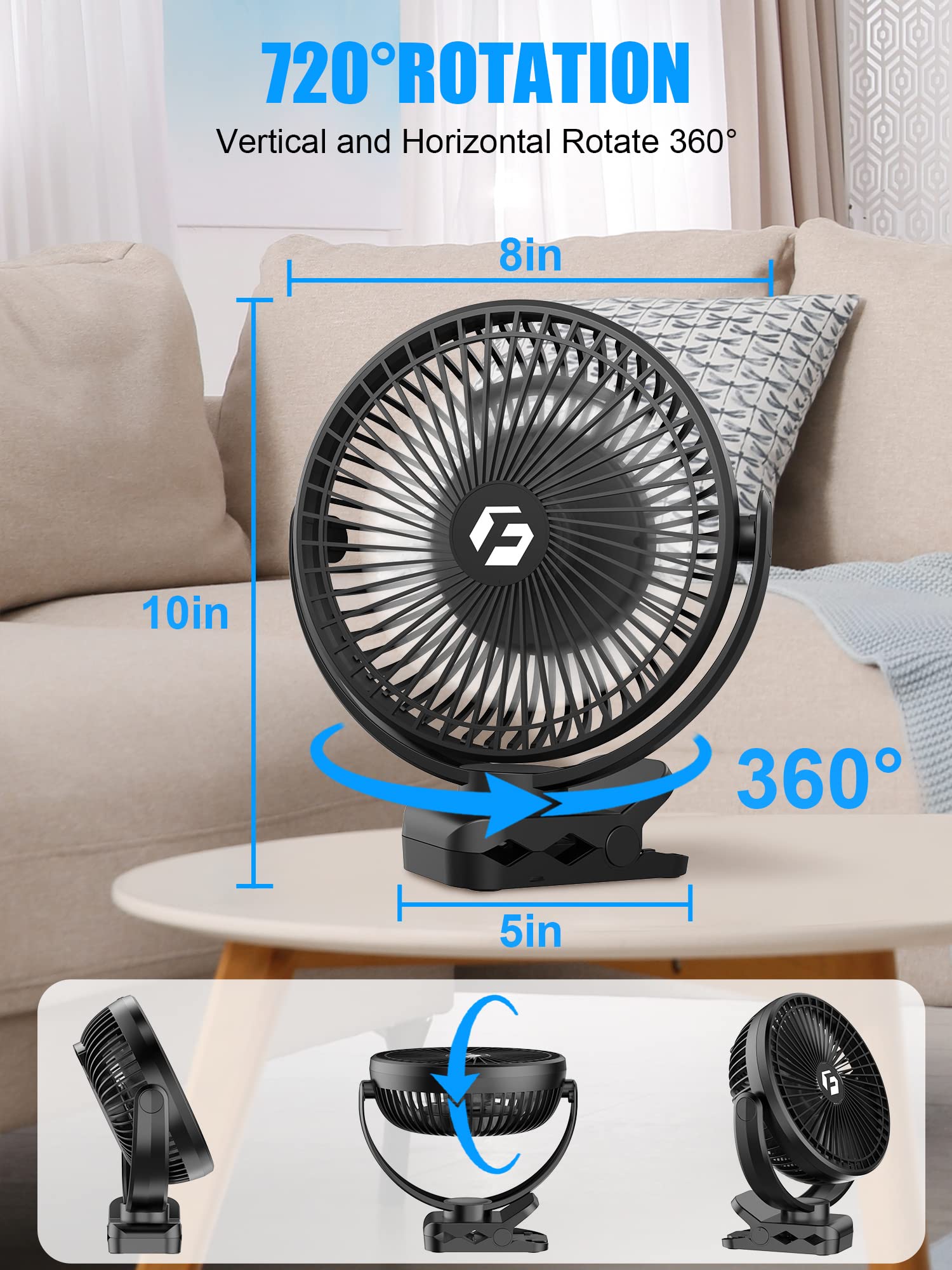 FRIZCOL 12000mAh 8 Inch Portable Clip On Fan Rechargeable, Battery Operated Desk Fan, Camping Fans with lights and Remote, USB Fans Sturdy Clamp for Golf Cart Desk Office Stroller Bedroom Tent