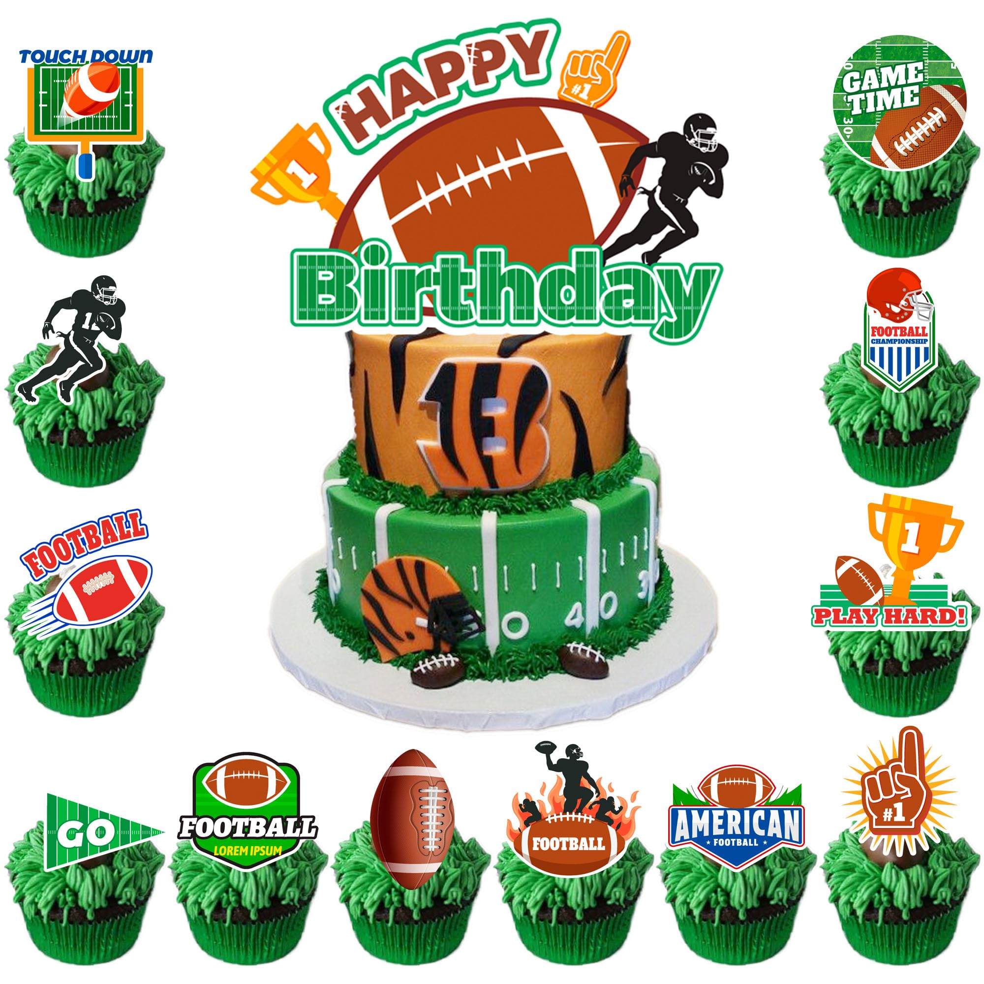Photo 1 of 13 Pcs Football Cake Decorations, 12 Pcs Football Cupcake Toppers 1 Pcs Rugby Birthday Cake Topper for Super Rugby Birthday Party Decorations