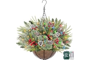 GRANDEAL Mixed Branchs-20 Inch Christmas Hanging Basket with Lights 30LED Warm White&Multicolored 8 Modes Timer Remote Control, Lifelike Smoky Bristles Norfolk Pine Hanging Christmas Front Door Porch Decor