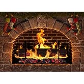 BELECO 5x3ft Fabric Christmas Fireplace Photography Backdrop Vintage Stone Fireplace Xmas Stocking Decorations Burning Firewoods Fireplace Background Winter Christmas Party Decorations Photo Props