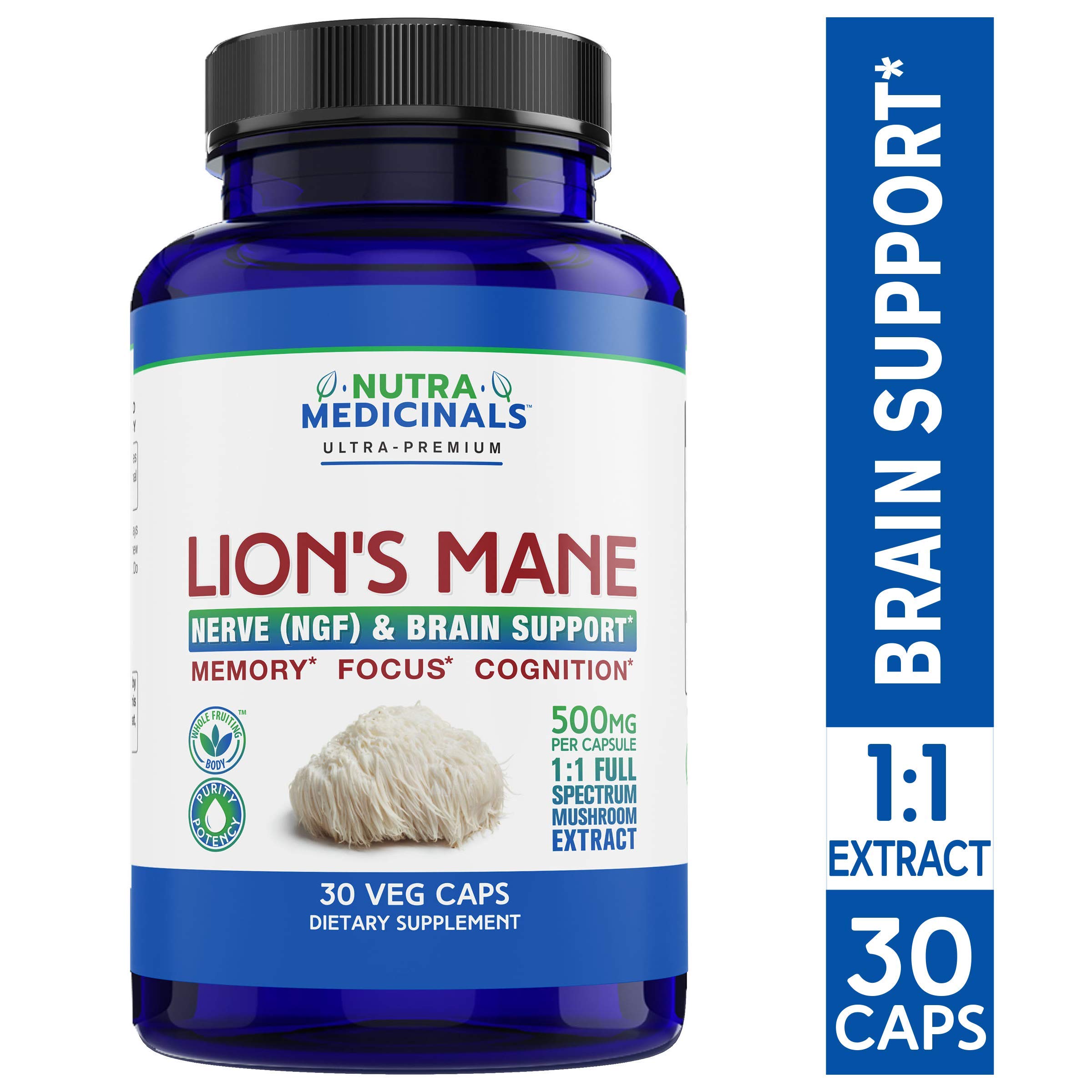 NutraMedicinals – Lion\'s Mane Mushroom Capsules – Nerve (NGF) & Brain Support – Natural Nootropic Supplement for Memory, Focus & Cognition – Non-GMO, Vegan, Organic (30 Caps, 1:1 Extract)