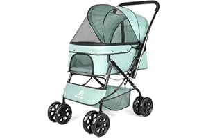 Wedyvko Medium Dog Stroller 50lb - Pets Stroller for Medium Dogs with Reversible Handlebar, 360 Front Wheel, Foot Brake, Wide Mesh Canopy, 2 Security Leashes, Cup Holder, Storage Basket, Cyan