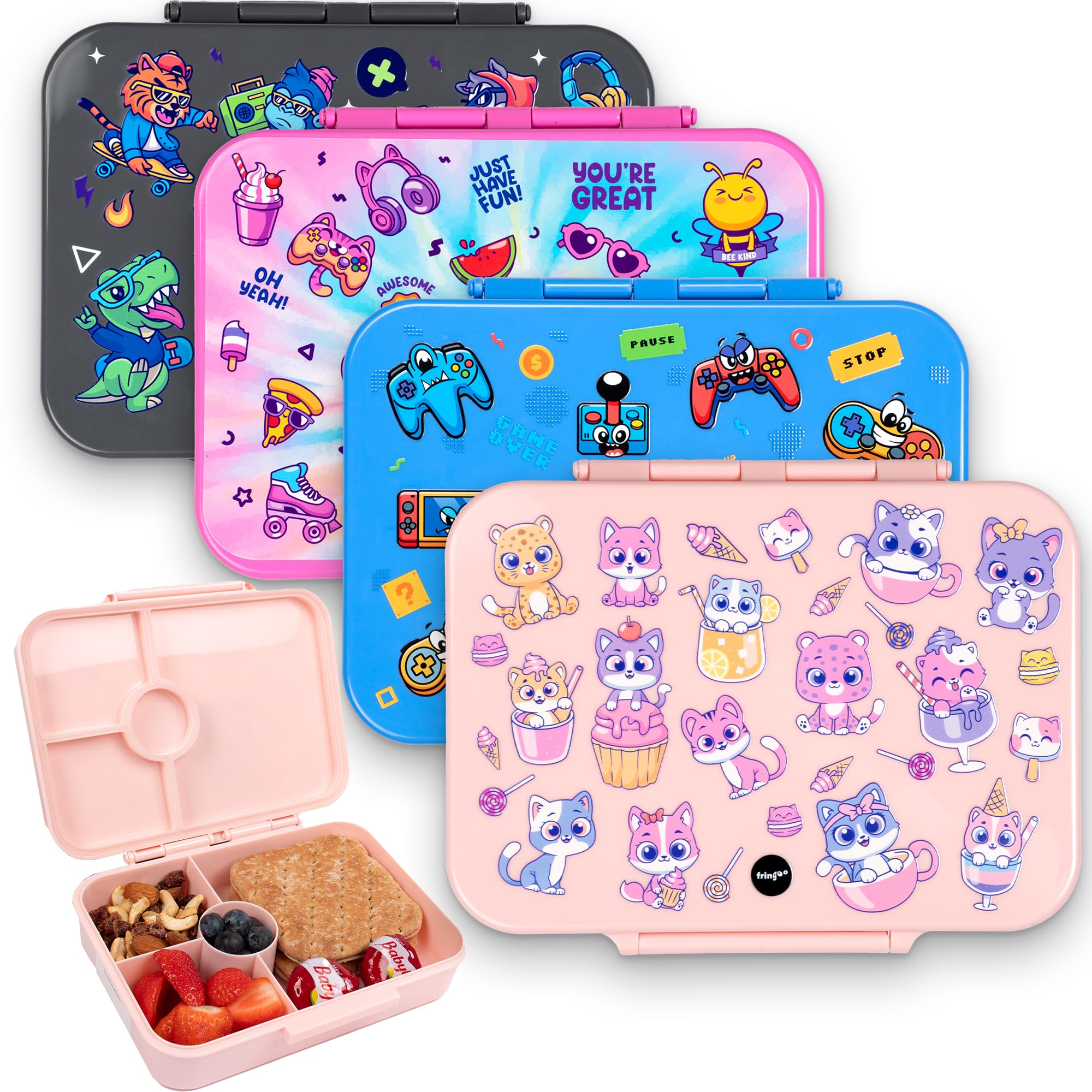 Fringoo - Bento Box - Lunch Box - Leak-Proof, 800ml capactiy, 5 Compartments, Adjustable Divider, BPA-Free, Pink Cats & Sweets Design