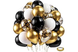 Bezente Black and Gold Confetti Balloons,60pcs 12 inch Black White and Gold Metallic Latex Party Balloons Set with Gold Ribbon for Birthday,Wedding,Baby Shower,Gold Theme Party Graduation Decorations