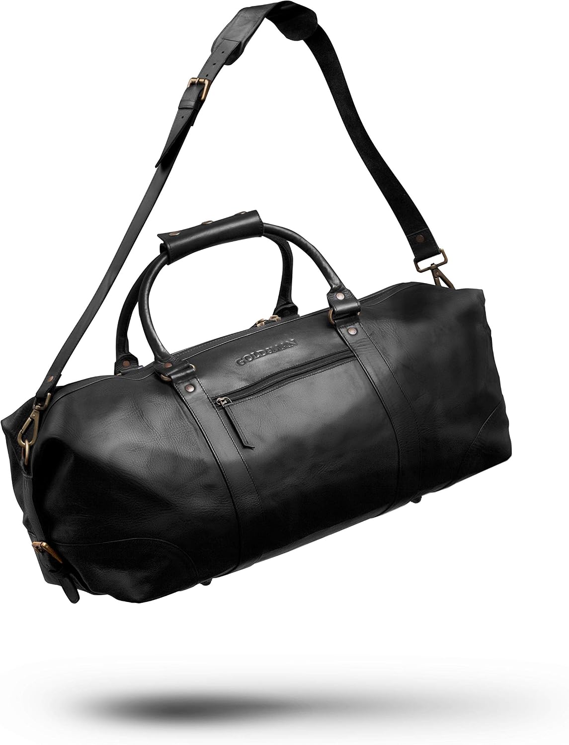 Goldsman Weekender Full Grain Leather Travel Bag Black Brown for Weekend Trips as Hand Luggage