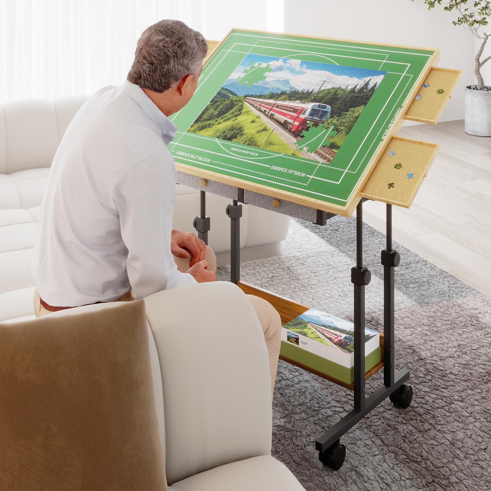 CODACE 1500 Piece Jigsaw Puzzle Table with Legs, Adjustable 5-Tilting-Angle Puzzle Board with 6 Drawers & Cover, 35
