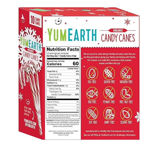 YUMEARTH ORGANIC CANDY CANES – INDIVIDUALLY WRAPPED FULL SIZE PEPPERMINT CANDY CANES – ALLERGY FRIENDLY, NON GMO, GLUTEN FREE, VEGAN, DYE FREE CHRISTMAS CANDY – 10 COUNT (PACK OF 1)