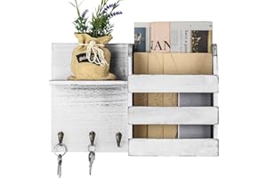 LIANTRAL Mail Sorter Wall Mount, Mail & Key Holder Organizer with 3 Key Hooks, Wooden Mail Holder, Rustic Home Decor for Entryway or Mudroom(Rustic White-Gray)