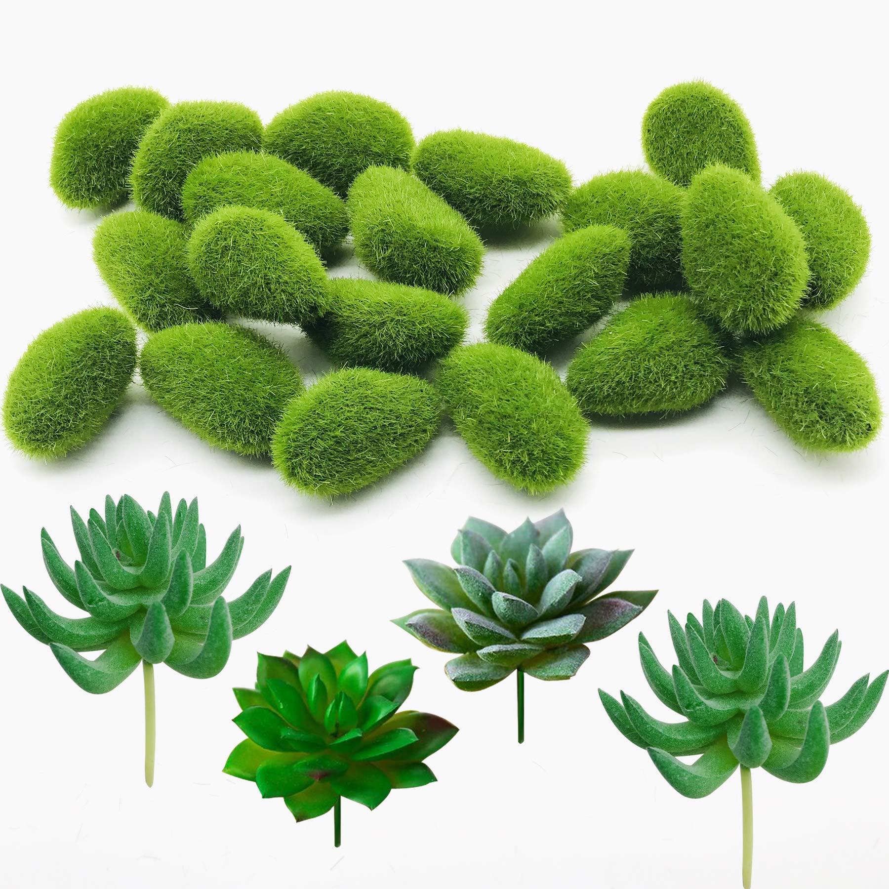 Woohome 24pcs Artificial Moss Rocks & Succulent Plants, Natural/Green Decorations for Floral Arrangements, Fairy Gardens and Crafting
