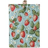ICAAV Strawberry Floral Flannel Blanket 50x60in,Red Berries and White Flowers on Blue,Soft Lightweight Throw for Girls,Women,Kids,Home Decor or Spring Summer Gifts Blankets