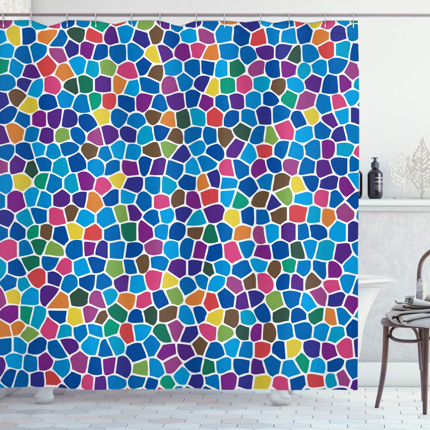 ABAKUHAUS Modern Shower Curtain, Vivid Rainbow Colored Mosaic Design Shapes in Blue Yellow Green Orange Red Artwork, Cloth Fabric Bathroom Decor Set with Hooks, 78 Inches, Multicolor