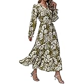 OLICE Womens Spring Boho Floral Maxi Dress Flowy Casual V Neck Long Sleeve Wedding Guest Holiday Beach Long Dress Green M