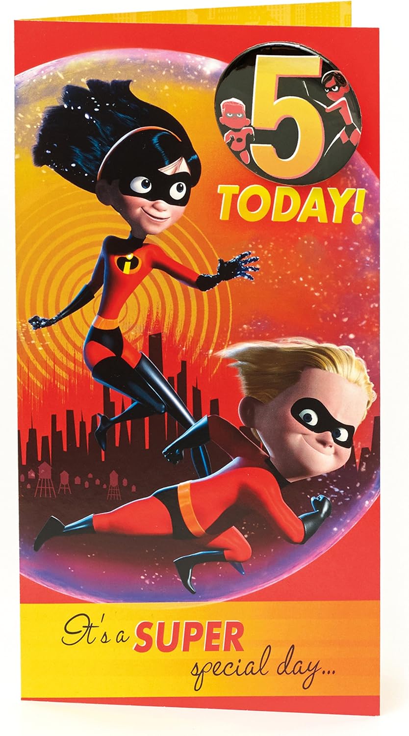 Age 5 Birthday Card - The Incredibles Birthday Card with Birthday Badge, 5th Birthday, Incredibles 2 - Marvel