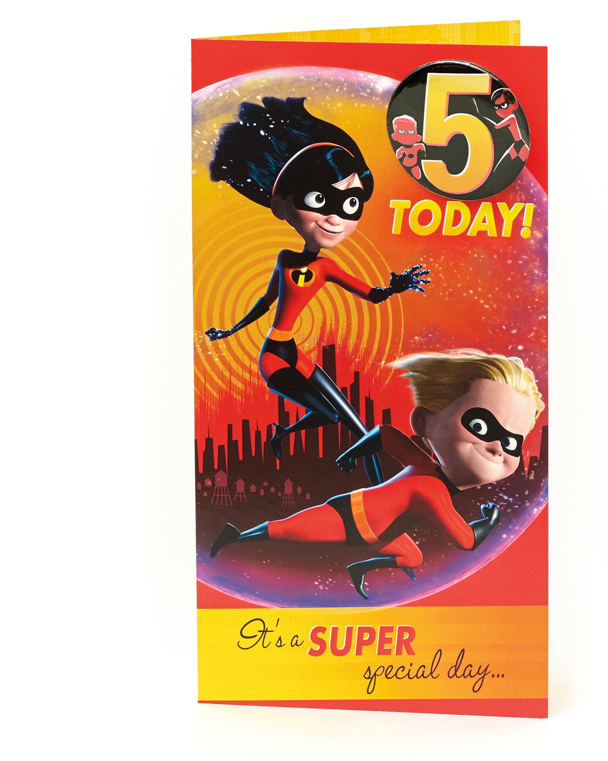 Age 5 Birthday Card - The Incredibles Birthday Card with Birthday Badge, 5th Birthday, Incredibles 2 - Marvel