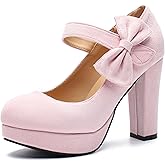 MAIERNISI JESSI Women's Platform Mary Jane Pumps with Bow, 3.94 Inch Block Heel Dress Shoes