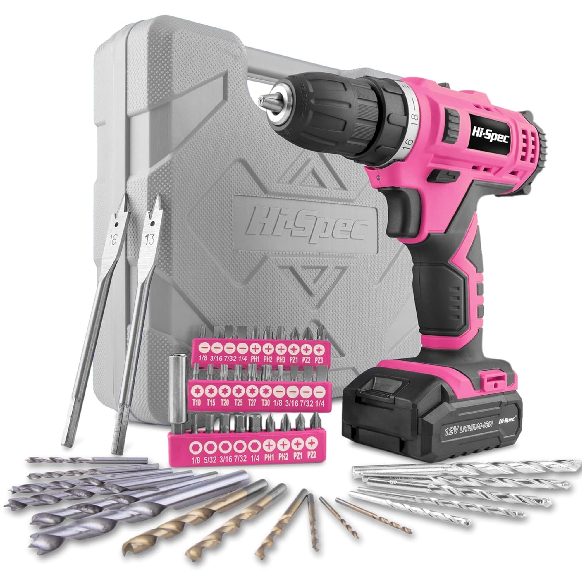 Hi-Spec Electric Drill Driver 12V with Screwdriver and Drill Bit Set Pink 50 Pc. Cordless Drill in a Carry Case with Rechargeable Battery, Power Screwdriver Bits, Wood, Metal, and Masonry Accessories