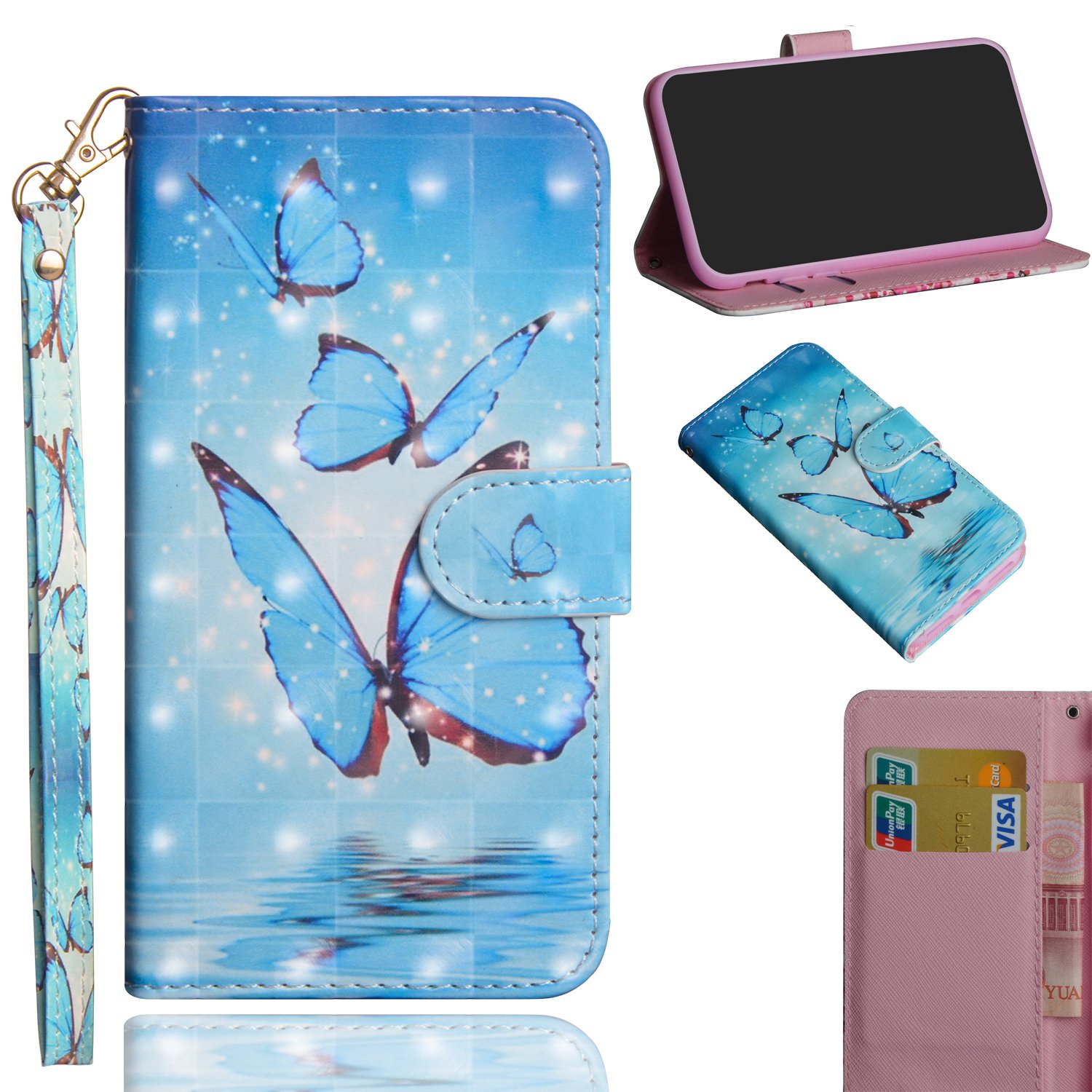 Samsung Galaxy A10 Case, Samsung Galaxy A10 Wallet Case, 3D Patterned PU Leather Wallet Flip Case Built-in Kickstand Magnetic Closure Card Holders & One Touch Pen for Samsung Galaxy A10(Butterflies)