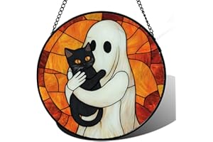 CRISGIF Stained Glass Window Hanging - Halloween Decorations White Ghost Black Cat Suncatcher for Doors Garden Spooky Funny Orange Sun Catchers Gothic Decor Horror Gifts for Women Men Friend 6.3 in