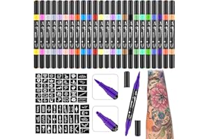 Ponhey Temporary Tattoo Markers for Skin, 24 Body Markers+67 Large Tattoo Stencils,Dual-End Tattoo Pens,Fine Lines with Cosmetic-Grade,Flexible, Skin-Safe Face Paint Kit for Kids Teenage Adults