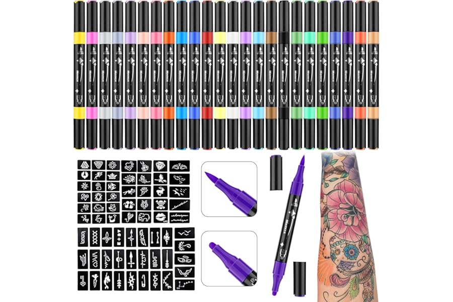 Ponhey Temporary Tattoo Markers for Skin, 24 Body Markers+67 Large Tattoo Stencils,Dual-End Tattoo Pens,Fine Lines with Cosmetic-Grade,Flexible, Skin-Safe Face Paint Kit for Kids Teenage Adults