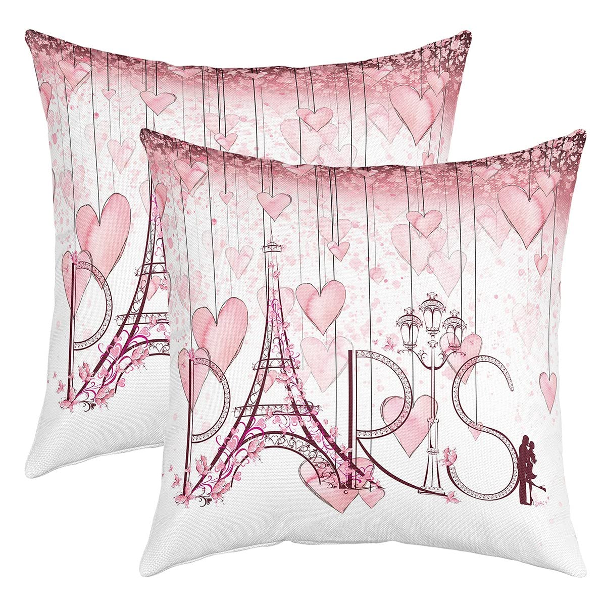 richhome Hand Drawn Eiffel Tower Pillow Cover for Room Decor Symbol of Paris Valentine's Day Square Throw Pillow Pink Heart Flowers Stripes Geometric Decorative Cushion Cover,Pack of 2,White,18"x18"