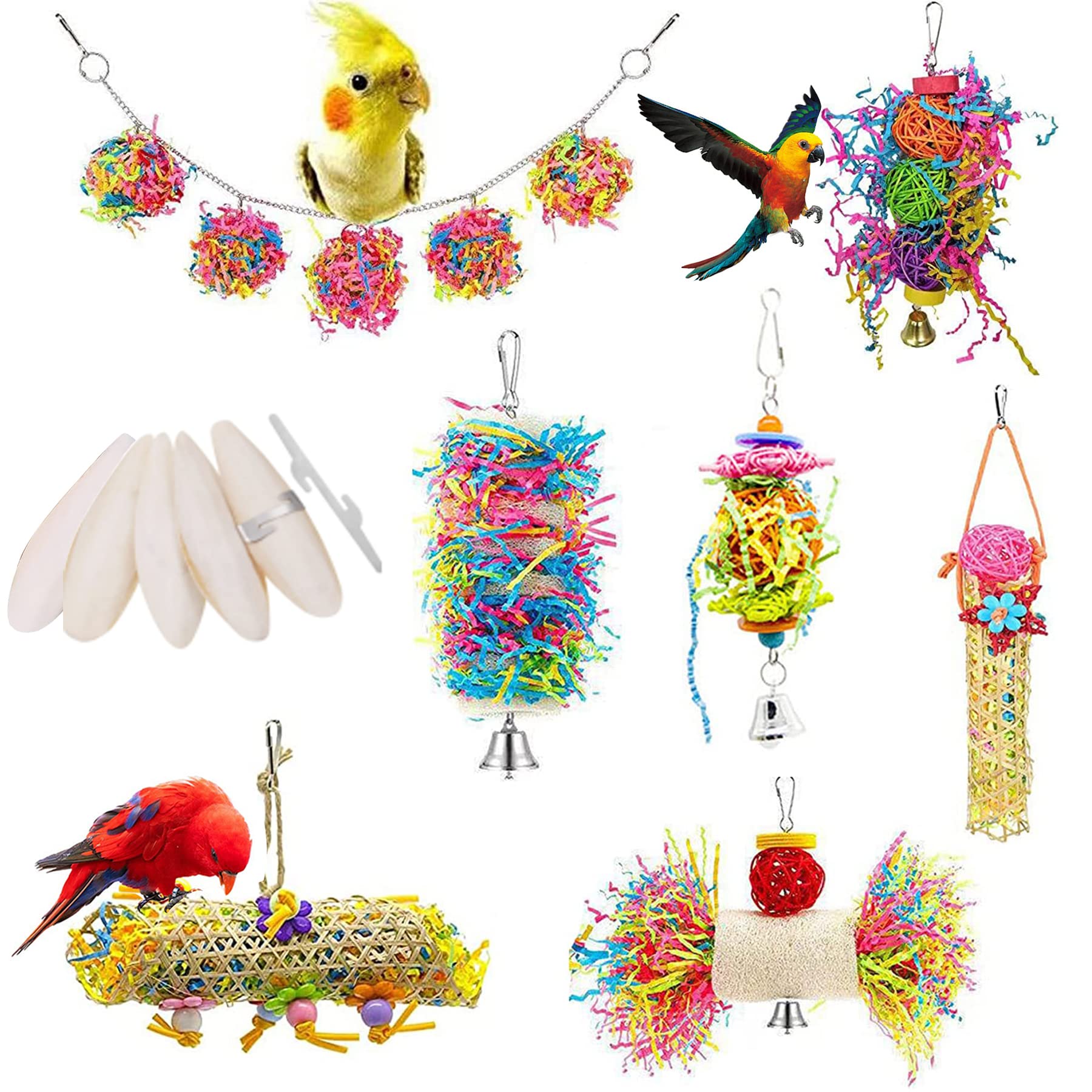 BIPY 12PCS Bird Chewing Toys Natural Cuttlefish Bone for Parrot Shredding Loofah Foraging Cage Toy with Rattan Ball Pet Birds Stand Toys for Parrots Parakeets Budgie Cockatiels Macaws