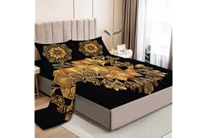 Traditional Indian Style Printed Sheet Set Queen, Golden Mandala Pattern Bed Sheets Microfiber Bedding Sheets & Pillowcases S