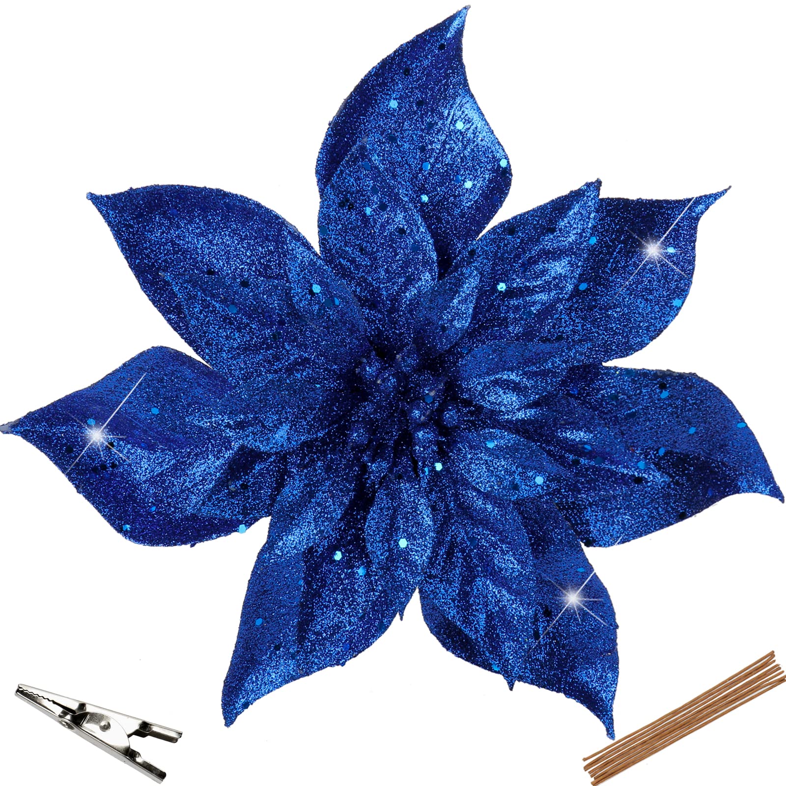Oairse 8PCS Large Glitter Poinsettia 9"/23cm Blue Artificial Flowers with Clips Christmas Flower Fake Floral Ornaments for Xmas Tree Holiday Wedding New Year Halloween Christmas Tree Decorations