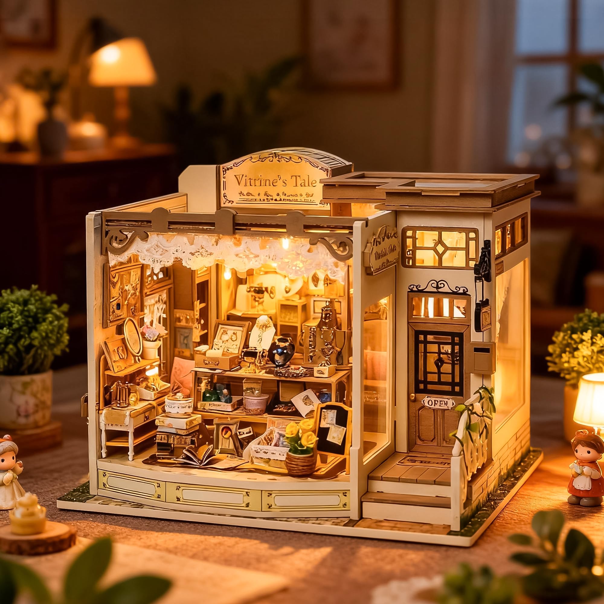 Roroom DIY Miniature House Kit, Vitrine's Tale Book Nook Kit for Adults with LED Lights, 3D Wooden Puzzle Dollhouse for Home Desk Display - Unique Gift for Model Collectors