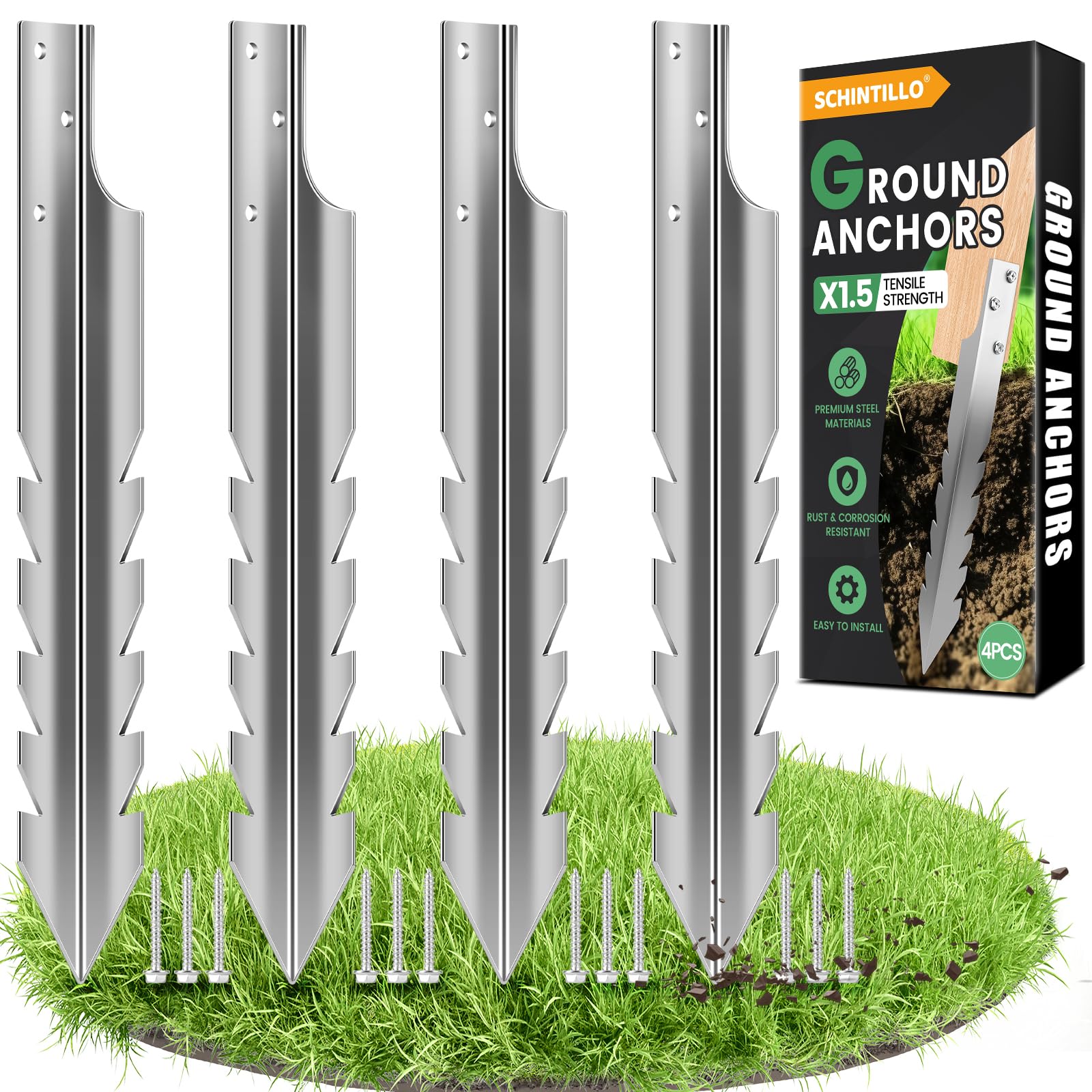 SCHINTILLO Ground Anchor Fence Post Spike, 4PCS Hot-dip Galvanized Swing Anchor Heavy Duty for Wooden Post, Play Tower(3mm Thickened Steel)