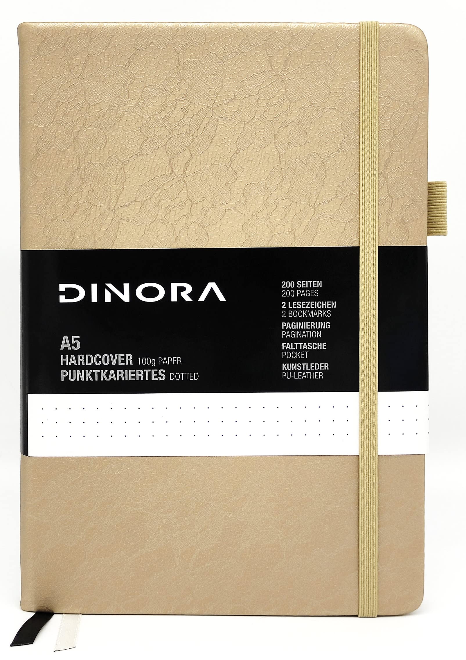 Dinora® Notebook A5 Hardcover – Dotted – PU Leather – 200 Numbered Pages – 100 g Avery Paper – Gold