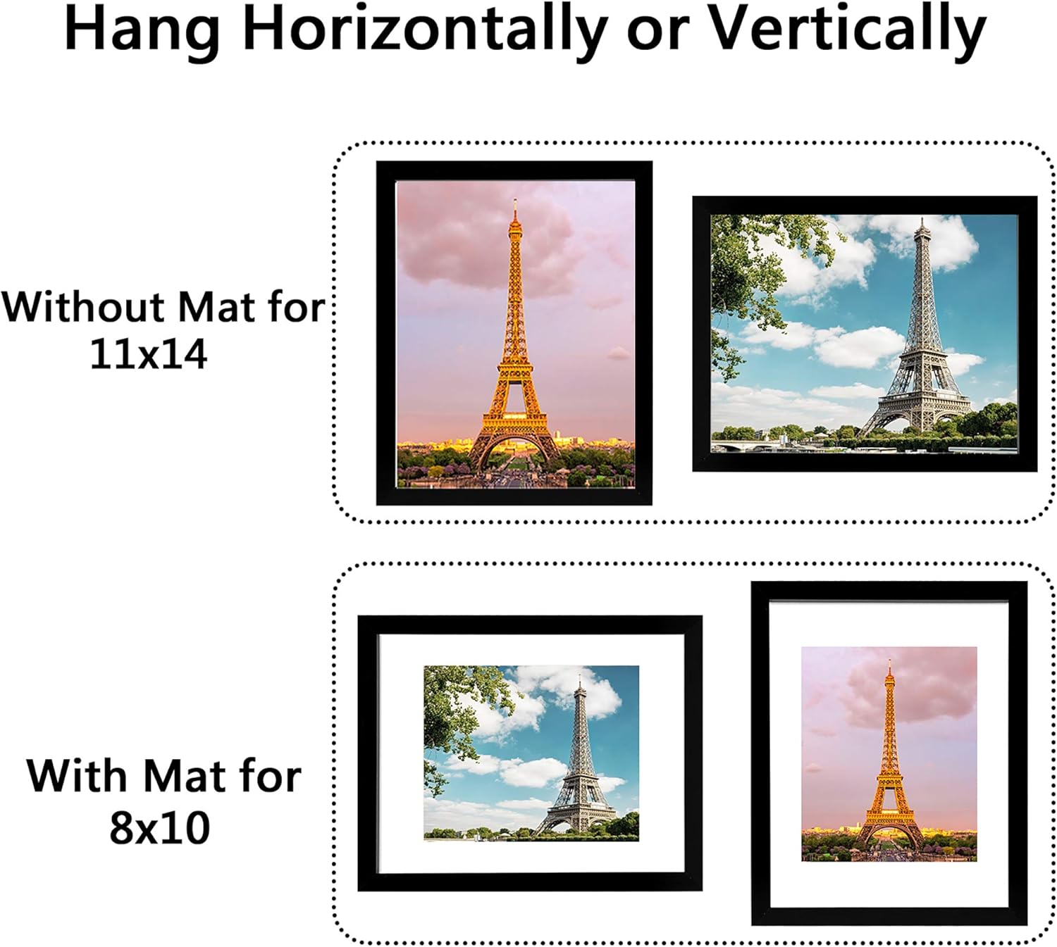 upsimples 11x14 Picture Frame Set of 3, Made of High Definition Glass for 8x10 with Mat or 11x14 Without Mat, Wall Mounting Photo Frame Black -