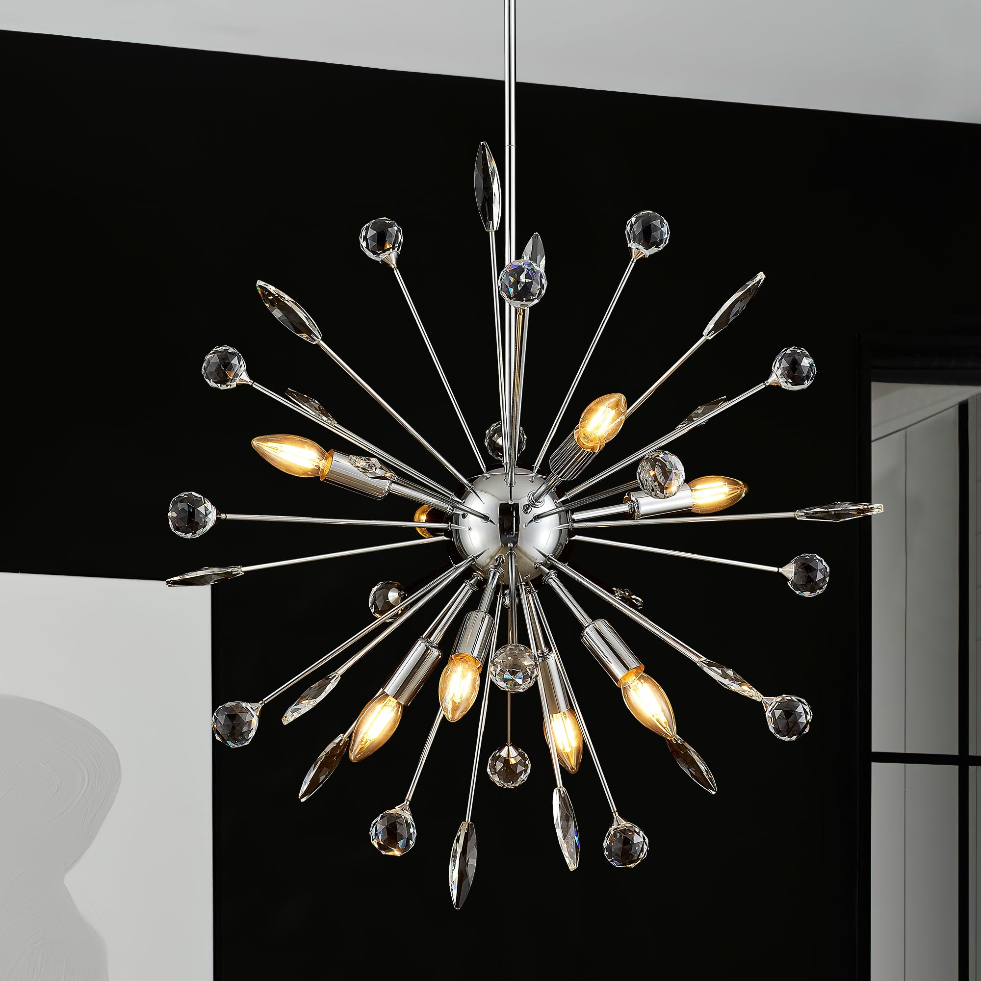 Photo 1 of Salaiwei 27.3" 8-Light Silver Sputnik Chandelier Modern Industrial Adjustable Firework Globe Ceiling Fixture for Living Room, Entryway, Dining, Bedroom, Hallway, Stairway