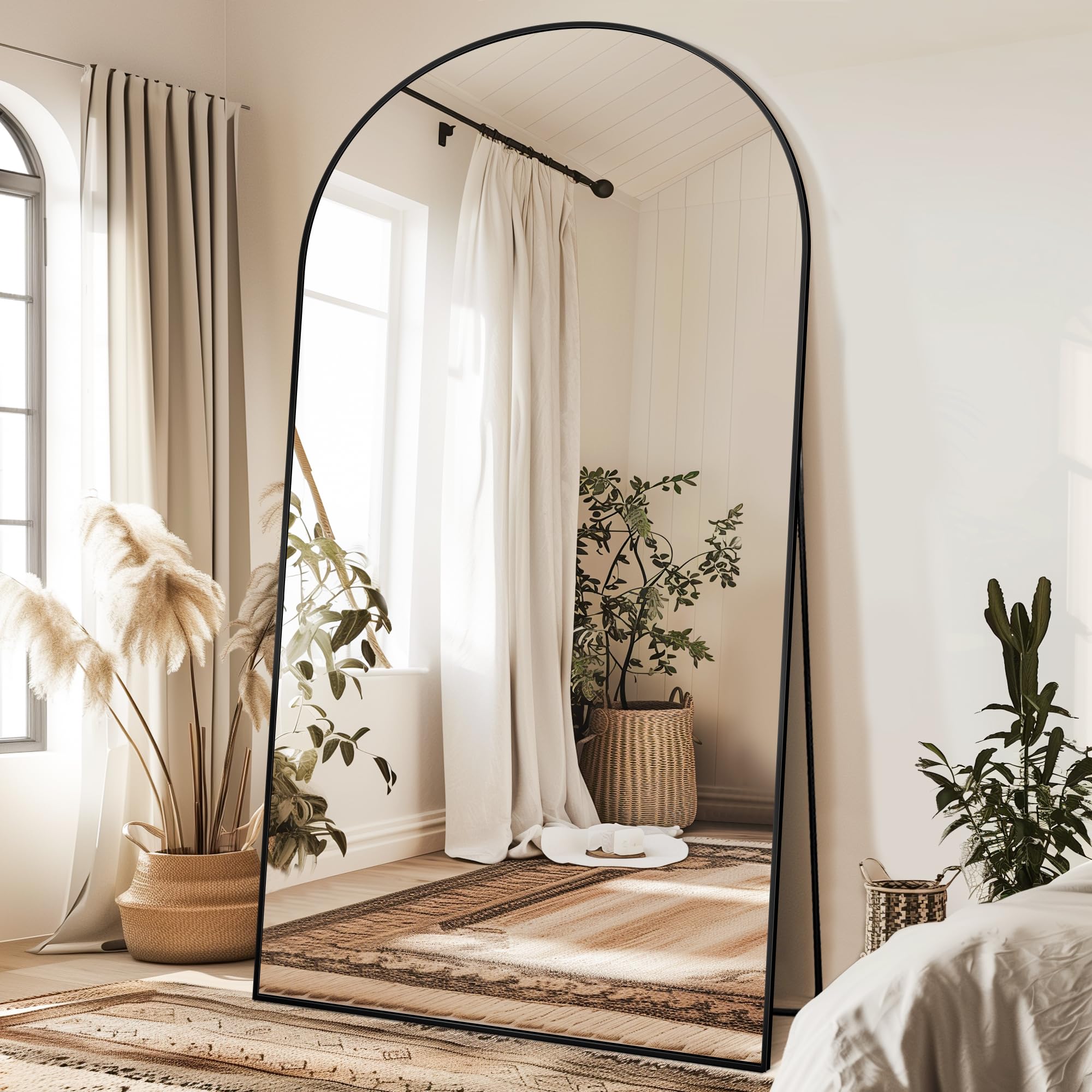 Antok Full Length Mirror, 91"x46" Floor Mirror, Arched Floor Standing Freestanding Arch Full Body Mirrors with Stand for Bedroom, Hanging Mounted for Living Room Cloakroom,Black Image