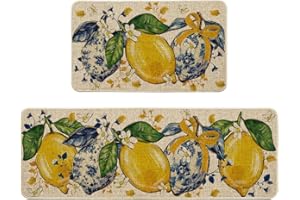 Artoid Mode Lemon Blue White Porcelain Summer Kitchen Mats Set of 2, Seasonal Low-Profile Home Decor Kitchen Rugs for Floor -